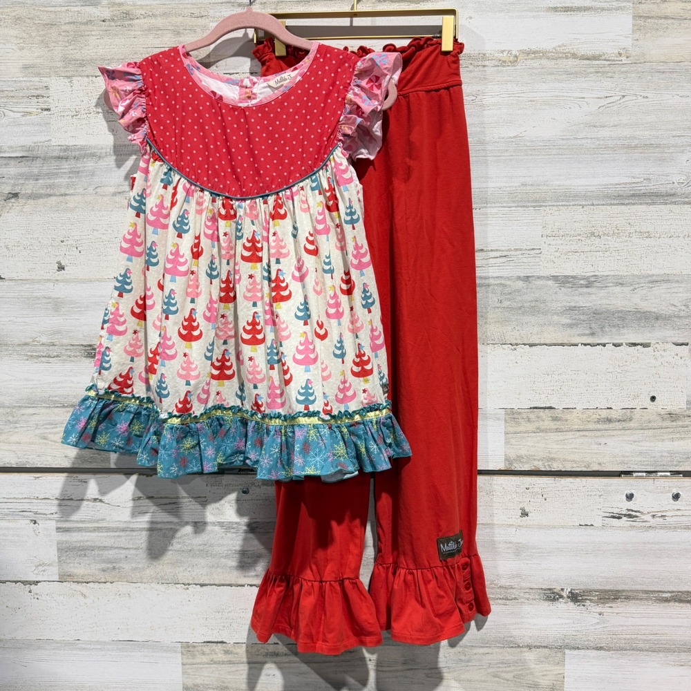 Matilda Jane Tunic Pants Set Girls 16Y Red Christmas Tree Ruffle Holiday EUC